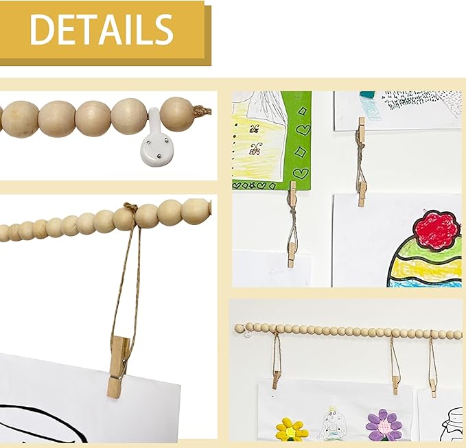 Art Display for Kids Artwork,Hanging Photo Display with 36 Clips, Boho Wooden Beads Kids Art Frame Display Holder for Classroom, Playroom, Bedroom Wall Decor
