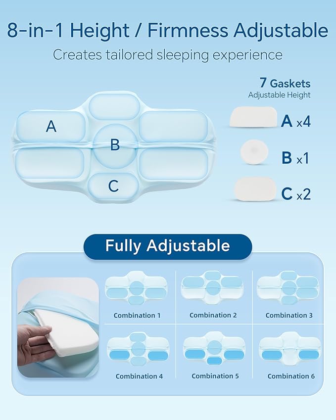 MASTERY MART Adjustable Memory Foam Pillow for Neck Pain Relief, Cooling Cervical Pillow, Thin Orthopedic Bed Pillow for Side Back Stomach Sleeper - 63x40cm