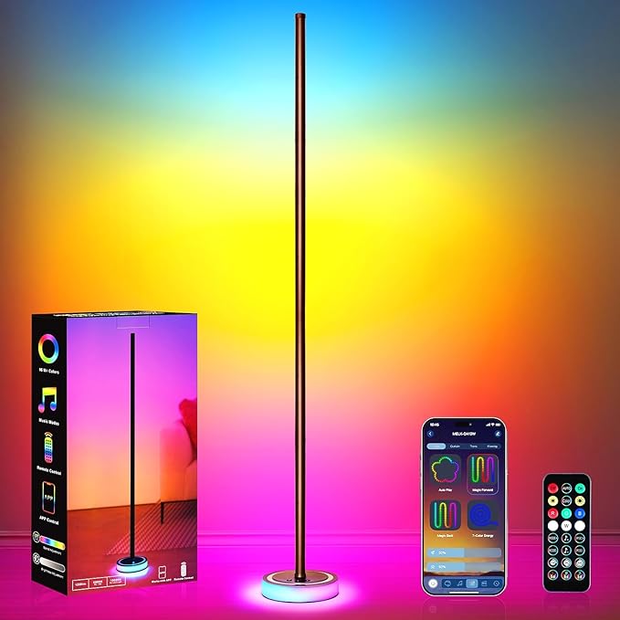 Smart RGBICW Corner Floor Lamp with App & Remote Control - 16 Million Colors, Music Sync, Timer Setting, Dimmable Ambient Lighting LED Standing Lamp for Bedroom, Living Room, Gaming Room & Home Decor
