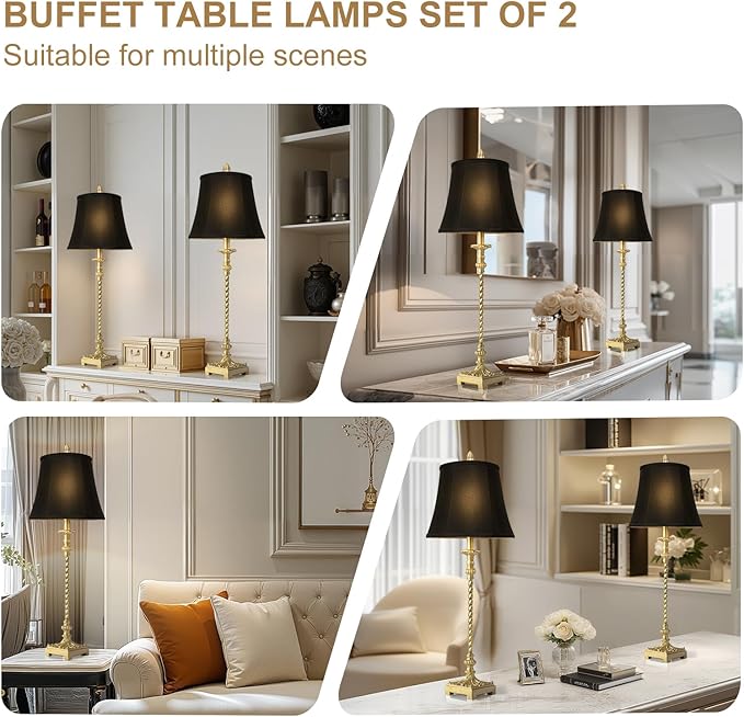 33'' Tall Vintage Table Lamp Set of 2, Candle Stick Buffet Lamps with Gold Leaf Finish and Black Linen Shades, 3-Way Dimmable Bulbs Included, Nightstand Lamps for Living Room Bedroom Dinning Entryway