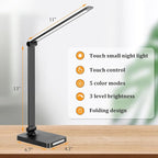 LED Desk Lamp with USB Ports,Touch Desk Lamps for Home Office with 5 Color Modes,3 Brightness Desk Light with Small Night Light,Reading Lamp Table Lamp for Bedroom Bedside Study Black （with adapter）