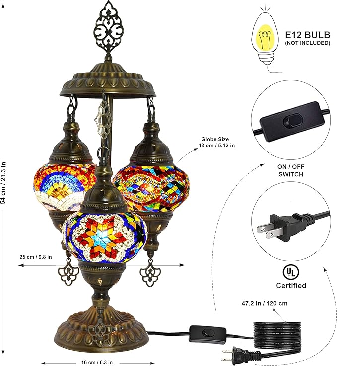 mozaist Turkish Table Lamp, Boho Lamp, 3 Globe Mosaic Desk Light, Decorative Tiffany Lampshade, Colorful Vintage Lamp for Bedroom, Living Room, Kids Room US Plug & E12 Socket, Mixed Mosaic