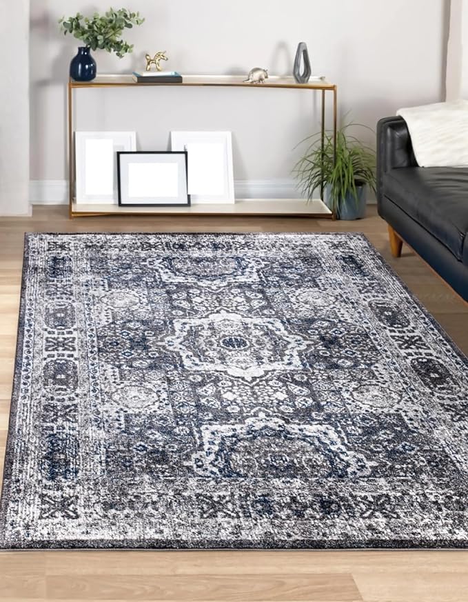 Keen Home Design Area Rugs - Non-Shedding, Thick Pile Abstract Rugs for Kitchen, Living Room, Bedroom, Dining Room, Entryway (Medallion Grey/Blue/Cream, 7'3'' x 10'2'')