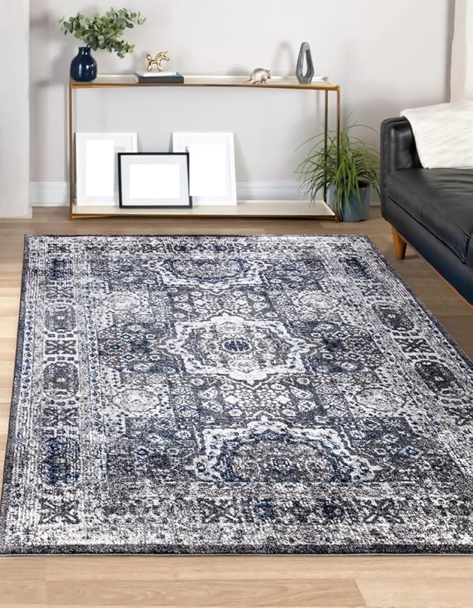 Keen Home Design Area Rugs - Non-Shedding, Thick Pile Abstract Rugs for Kitchen, Living Room, Bedroom, Dining Room, Entryway (Medallion Grey/Blue/Cream, 5'3'' x 7'7'')