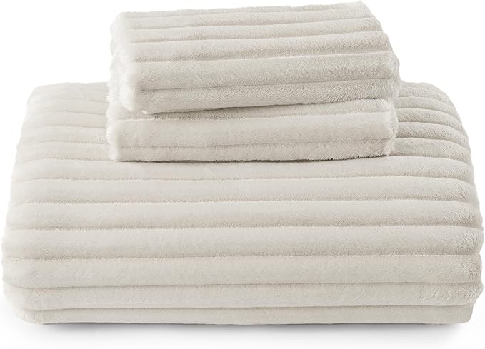 Bedsure Fluffy Duvet Cover Set - Ultra Soft Plush Shaggy Comforter Cover King Size, Warm Flannel Fleece Bed Sets for Winter, 3 Pieces (Striped Pattern, Linen)