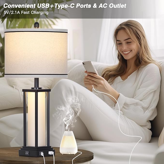 27" Tall Vintage Table Lamp with USB C+A & Outlet,Black Industrial End Table Lamp for Living Room,Farmhouse Rustic Bedside Lamp with Frosted Glass Night Light for Bedroom Nightstand,Black-1P