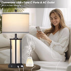 27" Tall Vintage Table Lamp with USB C+A & Outlet,Black Industrial End Table Lamp for Living Room,Farmhouse Rustic Bedside Lamp with Frosted Glass Night Light for Bedroom Nightstand,Black-1P
