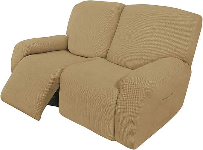 Easy-Going 6 Pieces Recliner Loveseat Stretch Sofa Slipcover Sofa Cover Furniture Protector Couch Soft with Elastic Bottom Kids, Spandex Jacquard Fabric Small Checks Golden