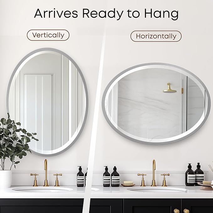 OVALCREST - Oval Wooden Beveled Wall Mirror for Home Decor, Bathroom, Vanity, Bedroom, Living Room, Hallway - London Style (Silver Spray) 25.1 x 37.1