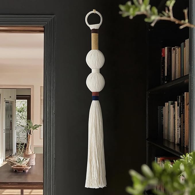 Macrame Wall Hanging Boho Decor Yarn Wall Art Small Sphericity Cotton Textile Tassel Hanging Fiber Art for Living Room Bedroom 27'' L x 2.3'' W