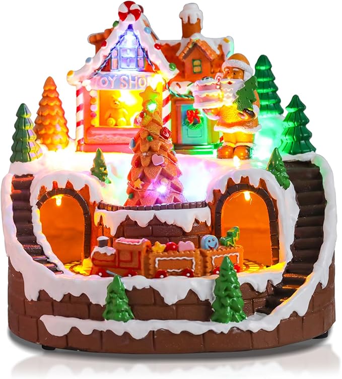 taman Christmas Village Houses - Musical Gingerbread House Collectible Buildings with Rotating Christmas Tree and Moving Train Ornaments for Holiday Decorations