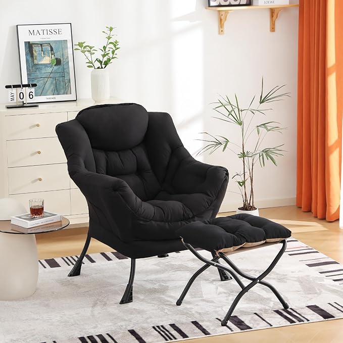 Cozy Lazy Chair and Ottoman, Large Contemporary Accent Lounge Chair Set, Leisure Upholstered Reading Armchair for Bedroom, Living Room, Dorm Rooms, Office