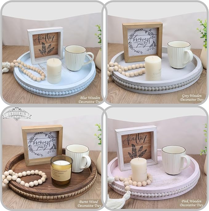 Round Burnt Wood Serving Tray with Beads, Wooden Decorative Tray for Entertaining, Decoration, and Gifting,