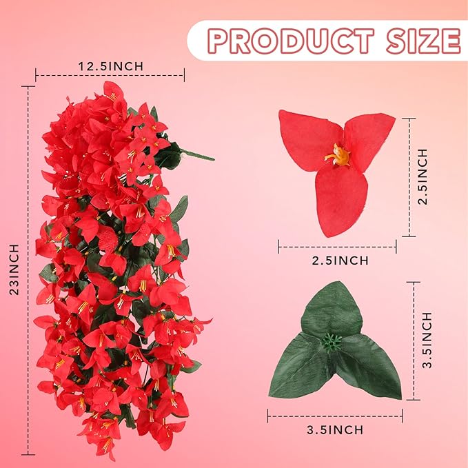 Artificial Bougainvillea Flowers for Outdoor Plant,2 pcs Faux Hanging Flowers Bougainvillea for Outside Decoration,Fake Silk UV Resistant Vines for Front Door Porch(Red)