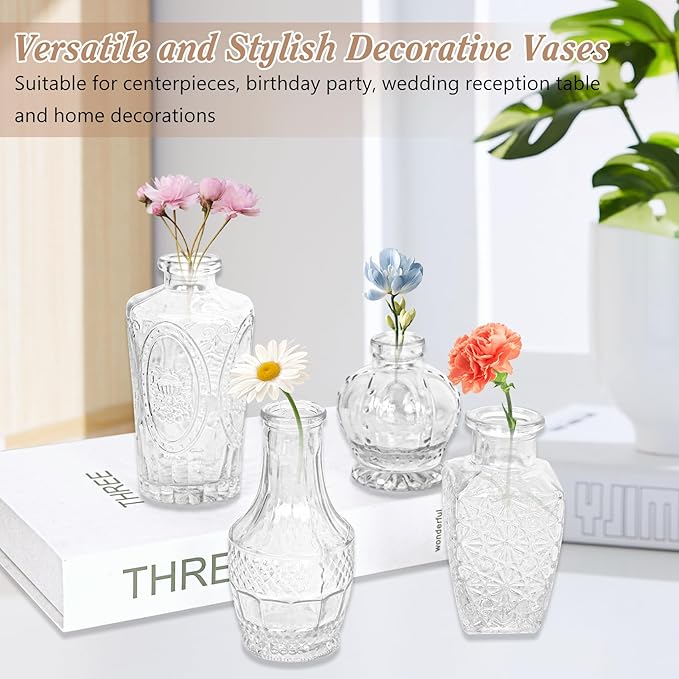 Set of 40 Glass Bud Vases, Small Clear Glass Vases in Bulk, Mini Vintage Embossed Flower Vase for Wedding, Centerpieces, Birthday Party, Baby Shower, Home Table Decorations (Clear)