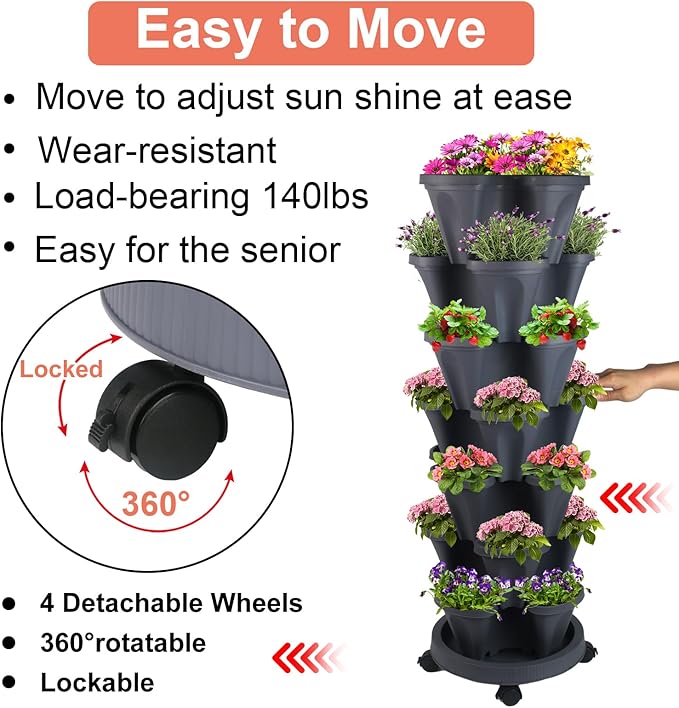 Vertical Planter 7 Tier Stackable Planters Garden Planters Strawberry Herb Flower and Vegetable Planter Indoor Outdoor Gardening Pots with Removable Wheels and Tools