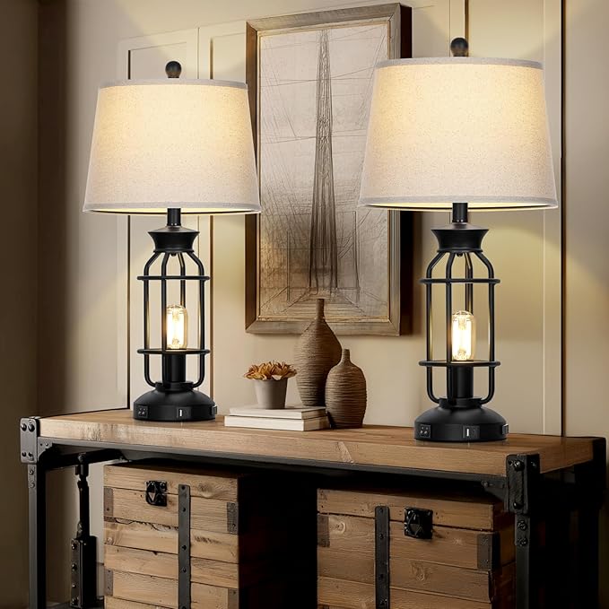 28" Vintage Table Lamps with USB C+A Ports & AC Outlet, Industrial Farmhouse Table Lamp Set of 2, Black Modern Nightstand Beside Lamps with 2 Night Light for Living Room Bedroom(4 LED Bulbs Included)