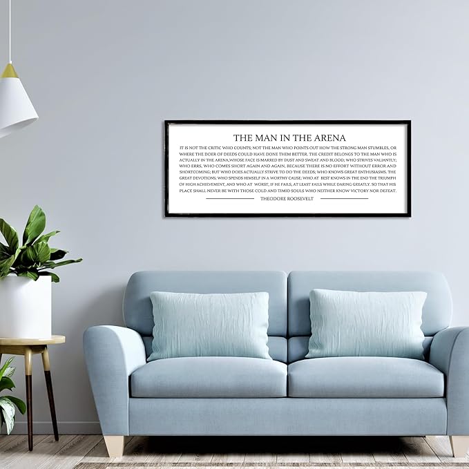 LuZhiQiang The Man in the Arena Wall Decor 32''x12'' Inspirational Quotes Office Wood Framed Sign Rustic Home Motivational Art For Man Entrepreneur Morden Living Room Wall Hanging Decor (Black)