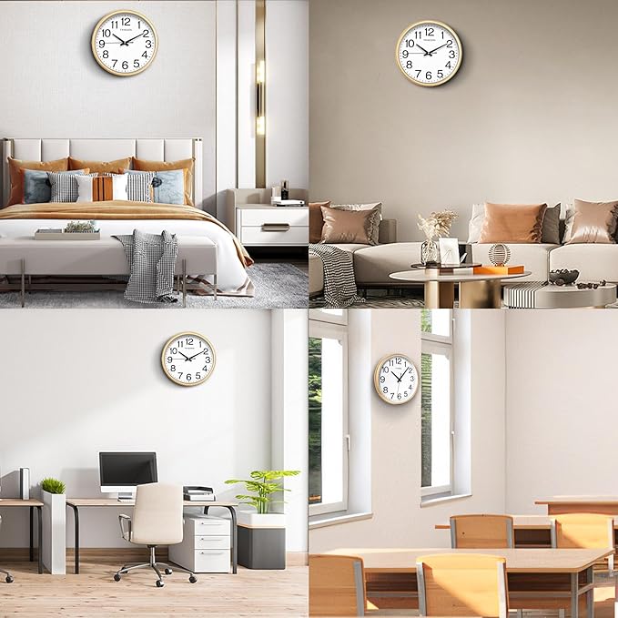 Wall Clock, 11 Inch Large Dial Non-Ticking Silent Battery Operated Quality Analog, Ultra-Quiet Movement Quartz, Timeless Stylish Clock, Ideal Modern Home, Office Décor (Gold)