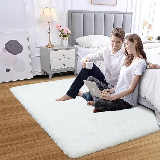 Fluffy Area Rug for Bedroom: White Plush Soft Bedside Dorm Area Rug - Small Carpets for Bedroom Kids Room Nursery (White, 3x5Feet)