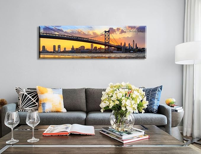 Philadelphia Skyline Wall Art Cityscape Living Room Decor Panorama Pictures City Building House Poster Canvas Print Bridge Sunset Scenery Office Bedroom Decorations Framed 13.8"x45.3"