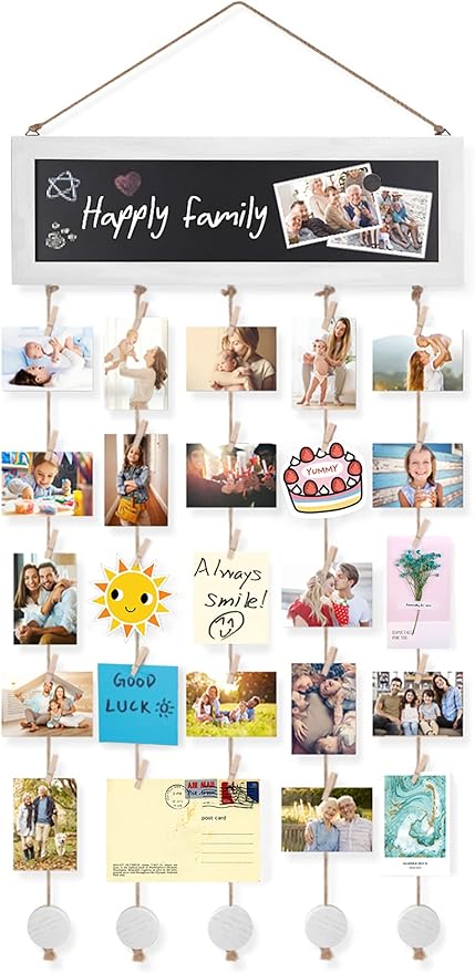 Bikoney Picture Frames Collage Wall Decor Photo Hanging Display Picture Board Wood Rustic Frames for Home Dorm Room Decor with Blackboard and 30 Clips White