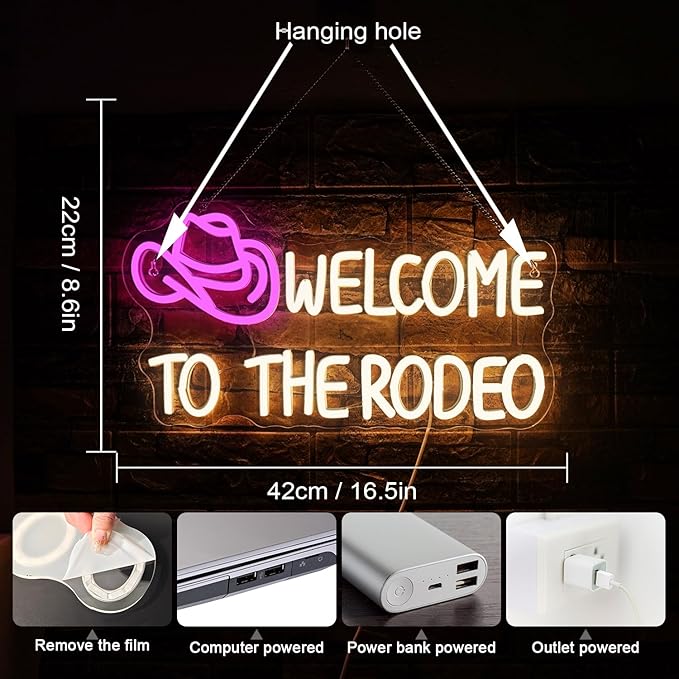 WLHOPE Welcome To The Rodeo Neon Sign Cowboy Hat Led Lights Dimmable Light Signs for Wall Decor 16.5 x 8.6 inches USB Powered Licked Light Signs for Bar Home Club Party Western Bedroom Decoration