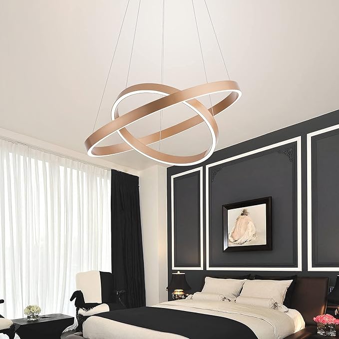 MADEM Modern LED Chandelier 2-Ring Circular Dimmable Pendant Light Contempoary Chanderlier Flush Mount Pendant Lighting for Living Room Dining Room, Bedroom,3000K-6000K, Gold, 60W