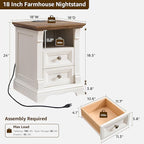Farmhouse Nightstand Set of 2, 18" End Table with 2 Drawers Storage, Wood Side Table w/Roman Column, Bedside Cabinet for Bedroom, Living Room, Antique White