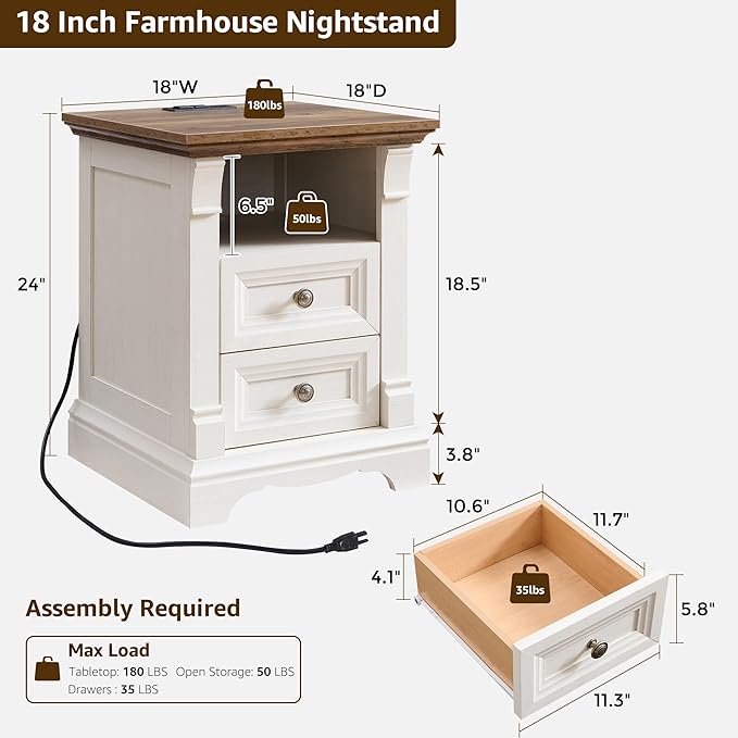 Farmhouse Nightstand with Charging Station, 18" End Table with 2 Drawers Storage, Wood Side Table w/Roman Column, Bedside Cabinet for Bedroom, Living Room, Antique White
