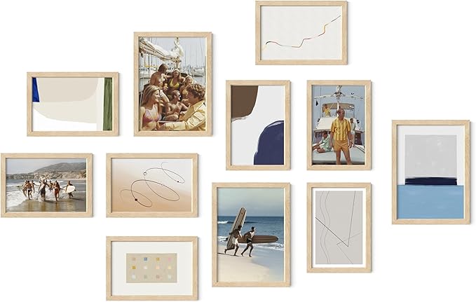 HAUS AND HUES Natural Oak Wood Gallery Wall Tabletop Frames Made with Real American Oak and Shatter-free Plexiglass - Set of 11 (Eight 4x6, Three 5x7, Framed Beige)