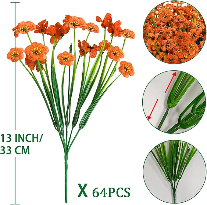 Krissing 48 Bundles Outdoor Artificial Flowers UV Resistant Fake Flowers Faux Plastic Flowers Plants Outside Garden Porch Window Box Fall Decor (Orange)