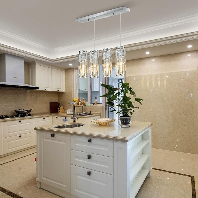 LMQNINE 4 Light Chrome Pendant Lighting Modern Pendant Light, Mini Crystal Chandeliers,Adjustable Pendant Light Fixture for Kitchen Island Dinning Room Bedroom(Chrome 4-Light)