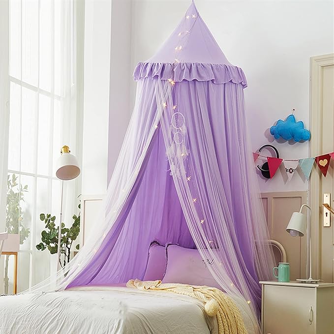 Bed Canopy for with Lights,Double Layer Princess Round Dome Dreamy Mosquito Net Bedding Girls Room Castle Play Tent Hanging House Decor Reading Nook Canopies(Purple/White)