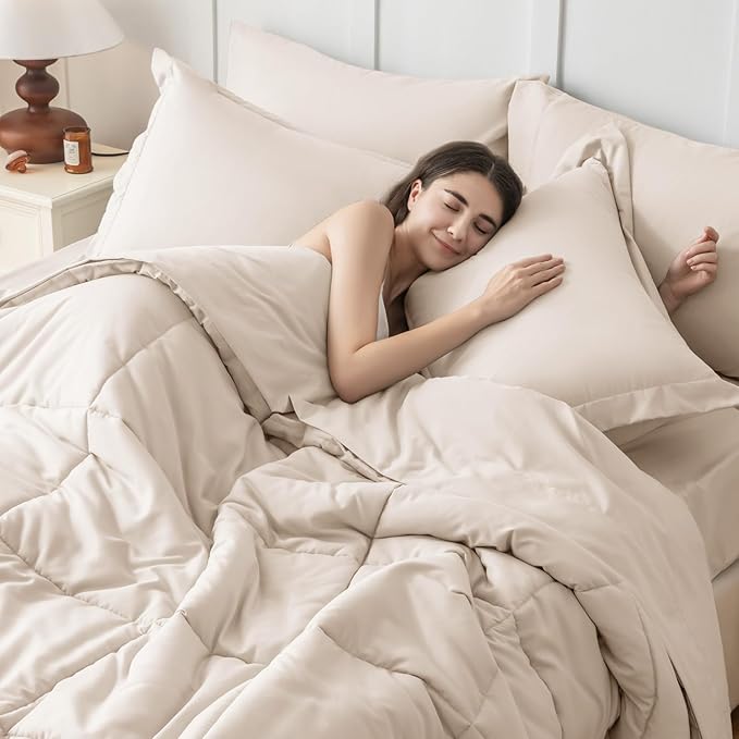 JOLLYVOGUE Queen Comforter Set, Ultra-Soft Bed in a Bag Queen Size 7 Pieces, Oeko-TEX Certified Bedding Set with Down Alternative Comforter, Sheets, Pillowcases & Shams, Beige