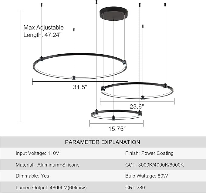 Modern Led Chandelier, 3-Rings Light Modern Led Pendant Light Black Dimmable Integrated Ceiling Hanging Pendant Lighting for Kitchen Island Dining Room Living Room Office 3000K 4000K 6000K