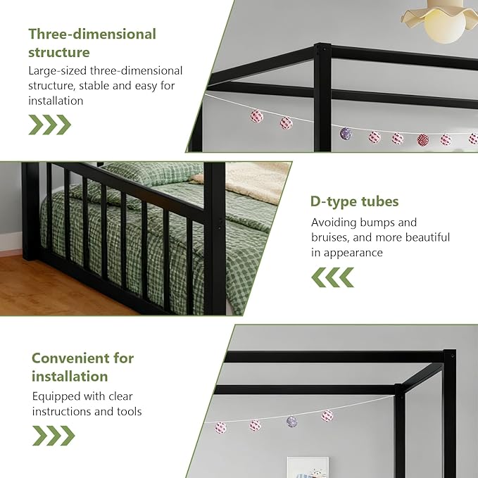 Canopy Floor Bed for Kids – Twin Size, Matte-Black Steel Frame with Safety Fence, Unisex Design for Boys & Girls, Box Spring Required, Quick Assembly (Twin)