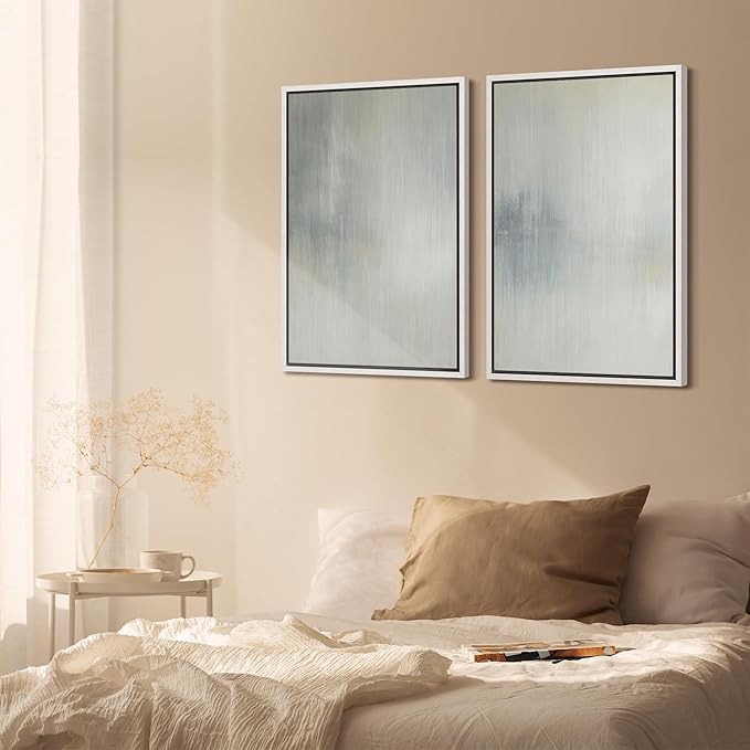 SIGNFORD Framed Canvas Print Wall Art Set Soft Gray and Blue Abstract Neutral Illustration Modern Art Decorative Nordic Nature for Living Room, Bedroom, Office - 24"x36"x2 White