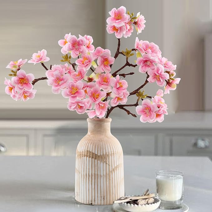 Fake Flower with Vase,3pcs Real Touch Pink Cherry Blossom Flowers in Vintage Ceramics Vase for Home Bathroom Office Desk Party Centerpiece Coffee Table Decor