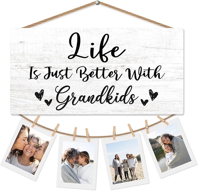 Grandkids Picture Frame Photo Holder for Wall, Grandparents Picture Frame, Grandma Grandpa Gifts, Grandparents Life is Better with Grandkids Hanging Photo Display