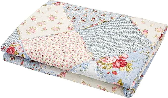 Cozyholy Original 100% Cotton Patchwork Quilt Blue Floral Bedspread Coverlet Reversible Vintage Shabby Chic Quilted Throw Blanket Bed Quilt Cover for Couch Sofa