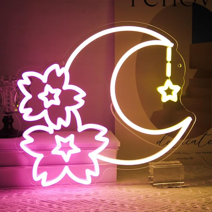 Sakura Moon Star Neon Signs for Wall Decor Cherry Blossom Neon Light Dimmable Flower Aesthetic Wall Art LED Sign for Bedroom Living Room Dorm Decoration Girls Gifts
