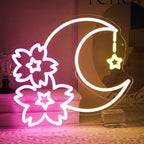 Sakura Moon Star Neon Signs for Wall Decor Cherry Blossom Neon Light Dimmable Flower Aesthetic Wall Art LED Sign for Bedroom Living Room Dorm Decoration Girls Gifts
