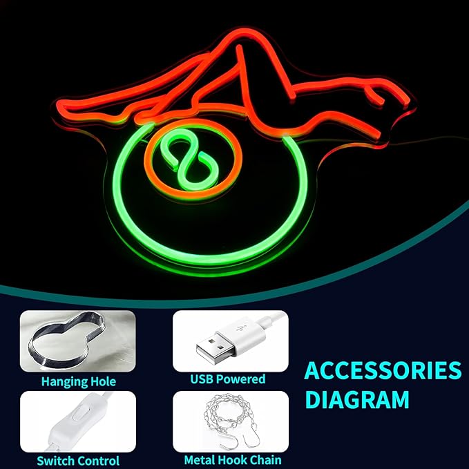 Billiards Lady Neon Sign, JGHTURIE Back Led Neon Signs for Wall Decor - Red Light Up Sign Preppy Girls Bar Pool Table Accessories Game Room Birthday Party Decor Gift USB Powered