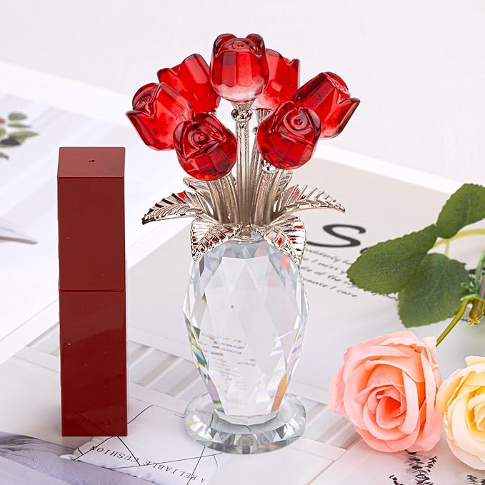 Glass Rose Flowers, Crystal Glass Figurines Rose Decorations for Home Gifts for Mom Wife Grandma, Crystal Flowers Collectible Ornament Mother's Day Thanksgiving Anniversary Birthday Gifts (Red Rose)
