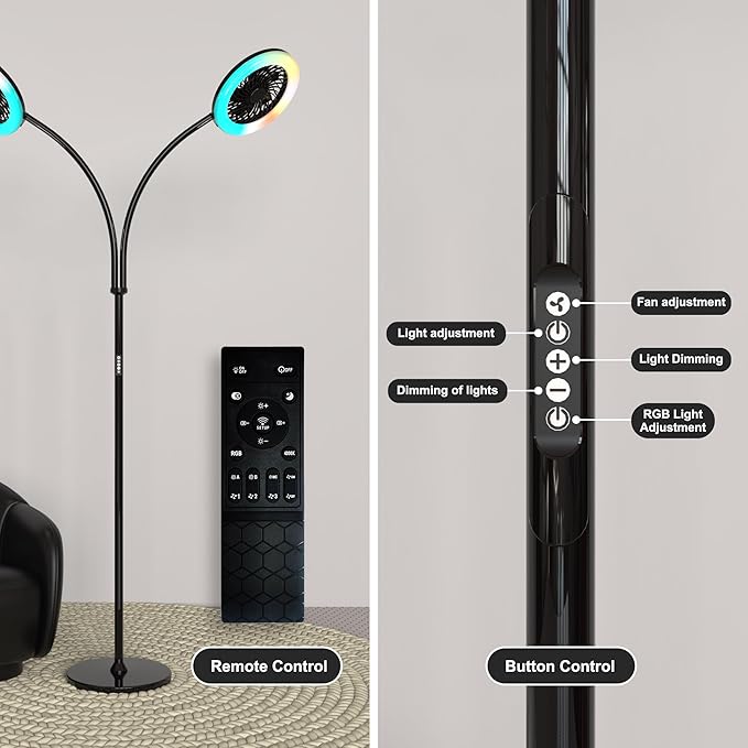 Floor Lamp with Fan Fan Light with RGB 12w/1000lm LED Floor Famp, Stepless Adjustable 3000K-6000K Color and Dimmer, Remote and Button Control, Adjustable Gooseneck Gloor Lamp (Black-2)