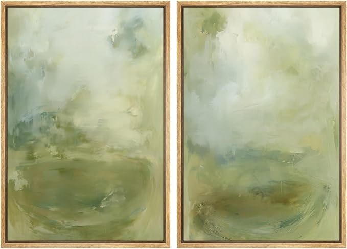 SIGNFORD Framed Canvas Print Wall Art Set Soft Green Abstract Contemporary Neutral Landscape Illustration Modern Art Decorative Nordic Nature for Living Room, Bedroom, Office - 24"x36"x2 Natural