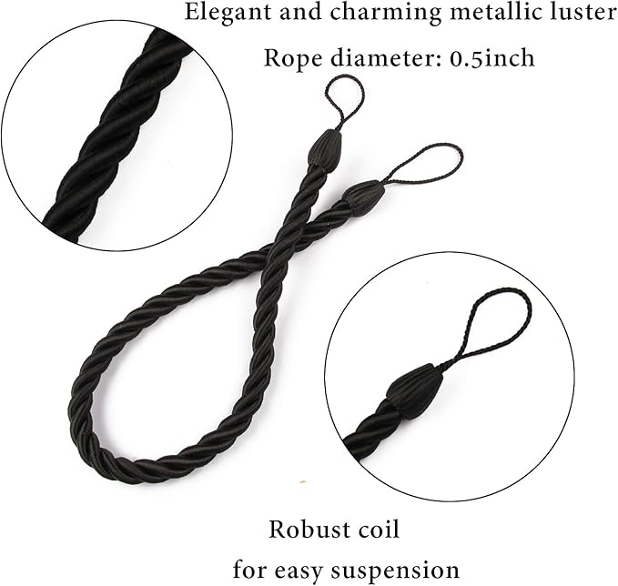 BEL AVENIR Curtain Tiebacks Ropes Tie-Backs, Handmade Curtain Holdbacks (Black, 2pack)