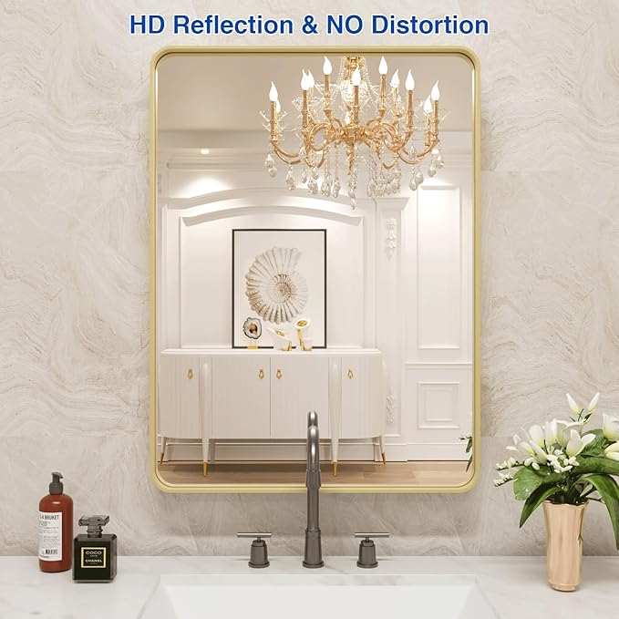 WEER Gold Bathroom Mirror, 22X30 Inch Brushed Gold Metal Frame Mirror, Rounded Rectangle Gold Bathroom Vanity Mirror for Wall, Tempered Glass, Anti-Rust, Hangs Horizontally or Vertically