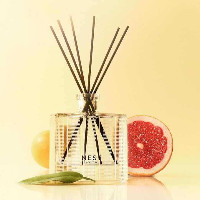 NEST New York Reed Diffuser, Grapefruit - 5.9 fl oz - Fragrance for Up to 90 Days - Reusable, Refillable Glass Holder - Includes 8 All-Natural Reed Sticks - Flame Free